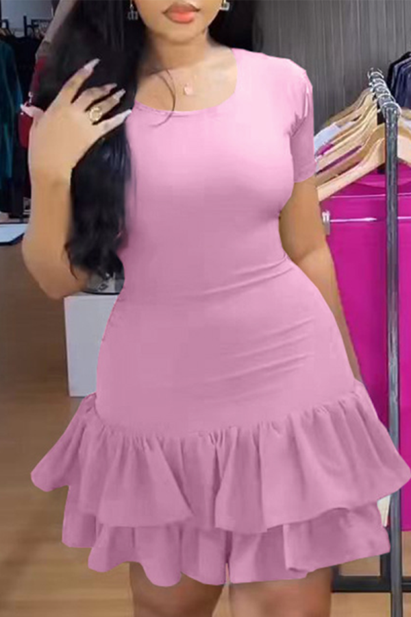 Розовые сексуальные повседневные однотонные платья-юбки с оборками и круглым вырезом