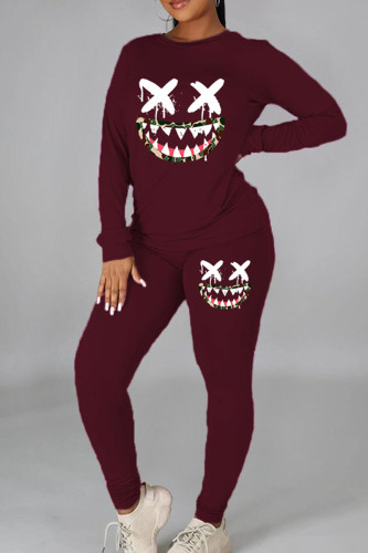 Burgundy Casual Print Patchwork O Neck Long Sleeve Two Pieces