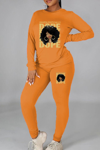 Orange Casual Print Patchwork O Neck Long Sleeve Two Pieces