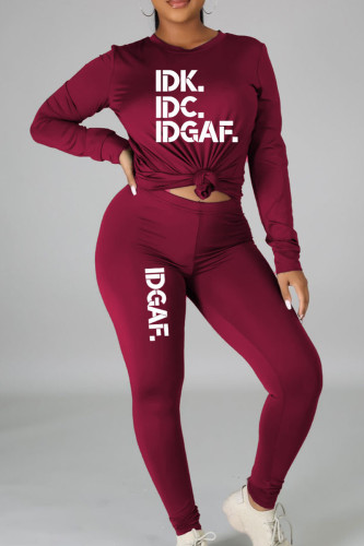 Burgundy Casual Print Patchwork O Neck Long Sleeve Two Pieces