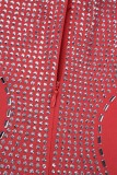 Röd Sexig Patchwork Hot Drilling Backless Split Spaghetti Strap Inslagna kjolklänningar