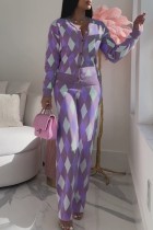 Purple Casual Patchwork Cardigan Pants V Neck Long Sleeve Two Pieces