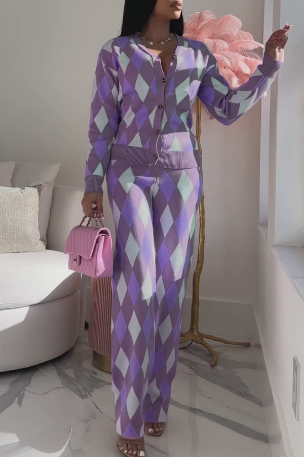 Pantaloni cardigan patchwork casual viola con scollo a V manica lunga due pezzi