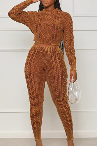 Dark Brown Casual Solid Patchwork O Neck Long Sleeve Two Pieces(Not Nnitted Fabric, Printed Texture)