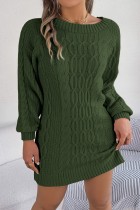 Армейско-зеленые повседневные однотонные базовые платья с длинным рукавом и круглым вырезом (без пояса)