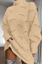 Apricot Casual Solid Hollowed Out Turtleneck Long Sleeve Dresses