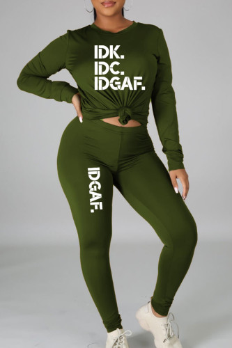 Army Green Casual Print Patchwork O Neck Long Sleeve Two Pieces