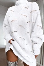 White Casual Solid Hollowed Out Turtleneck Long Sleeve Dresses