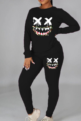 Black Casual Print Patchwork O Neck Long Sleeve Two Pieces