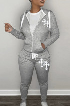 Grey Casual Print Patchwork Draw String Pocket Zipper Hooded Collar Long Sleeve Two Pieces