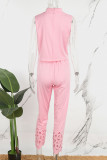 Pink Casual Solid Hollowed Out Half A Turtleneck Sleeveless Two Pieces