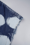 Ljusblå Street Tassel Patchwork Pocket Cardigan Collar Ärmlös rak jeansjacka