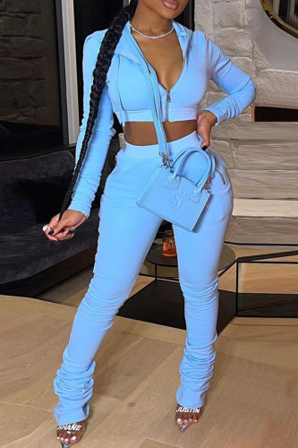 Sky Blue Casual Solid Patchwork Zipper Collar Long Sleeve Two Pieces
