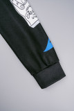 Casual estampado patchwork cordón bolsillo con capucha cuello manga larga dos piezas negro