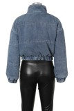 Синяя повседневная однотонная джинсовая куртка с воротником-стойкой и длинными рукавами в стиле пэчворк