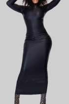黒のセクシーな迷彩プリント パッチワーク ポケット フード付き襟ロング ドレス ドレス