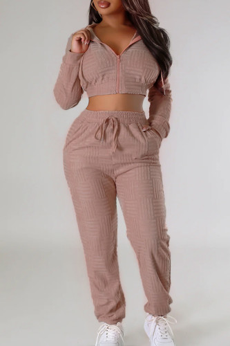Khaki Sportwear Casual Zipper Hooded Collar Long Sleeve Crop Jackets And Draw String Pocket Two Pieces Sweatsuit Sets