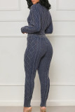Deep Blue Casual Solid Patchwork O Neck Long Sleeve Two Pieces(Not Nnitted Fabric, Printed Texture)