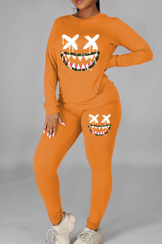 Orange Casual Print Patchwork O Neck Long Sleeve Two Pieces