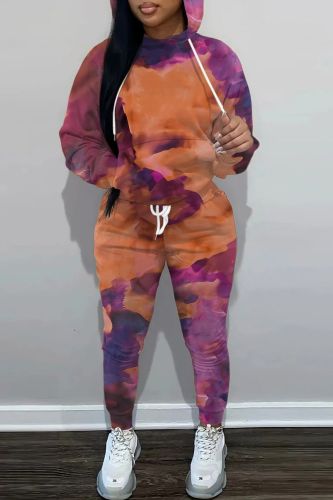 Purple Sportwear Casual Graphics Print Hooded Collar Long Sleeve Sweatshirt And Draw String Pants Two Pieces Sweatsuit Sets