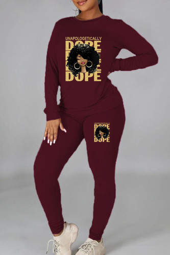 Burgundy Casual Print Patchwork O Neck Long Sleeve Two Pieces