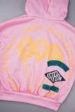 Розовый Повседневный принт Лоскутное шитье Карманный воротник с капюшоном Длинный рукав Две части