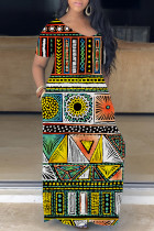 Цветное повседневное длинное платье с принтом и V-образным вырезом Платья