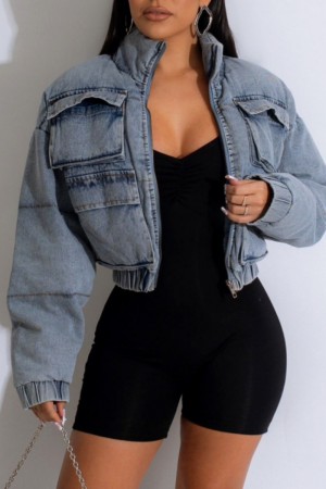 Blue Casual Solid Patchwork Mandarin Collar Long Sleeve Regular Cropped Coats Denim Jacket