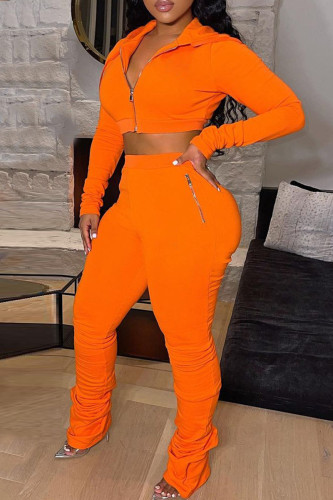 Orange Casual Solid Patchwork Zipper Collar Long Sleeve Two Pieces