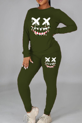 Army Green Casual Print Patchwork O Neck Long Sleeve Two Pieces