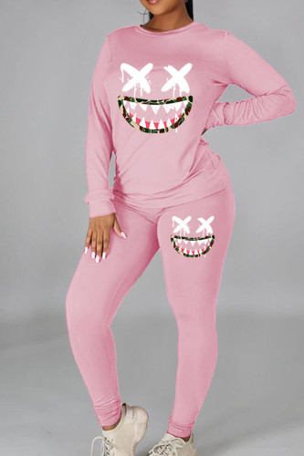 Pink Casual Print Patchwork O Neck Long Sleeve Two Pieces