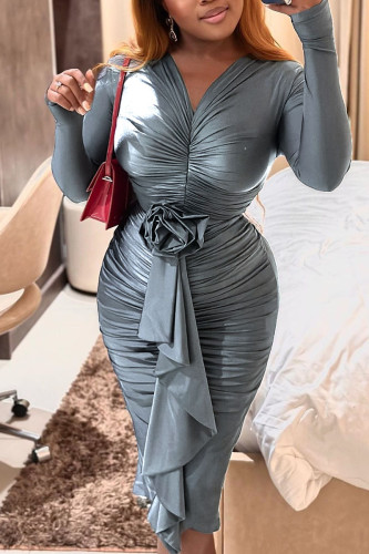Dark Gray Sexy Solid Patchwork Fold V Neck Pencil Skirt Dresses