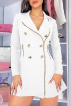 White Casual Solid Patchwork Zipper Turndown Collar Long Sleeve Dresses
