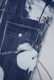 Veste en jean droite sans manches avec col cardigan de poche en patchwork de pampilles de rue bleu clair
