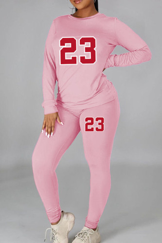 Pink Casual Print Patchwork O Neck Long Sleeve Two Pieces