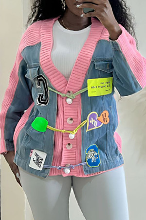Pink Casual V Neck Long Sleeve Buttons Patchwork Denim Sweater Jackets