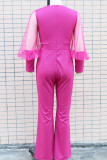 Rose Red Casual Solid Patchwork See-through V Neck Regular Jumpsuits