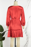 Vermelho elegante sólido bandagem patchwork plissado o pescoço vestidos linha a