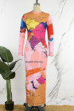 Розовые повседневные базовые платья-водолазки с длинным рукавом с принтом