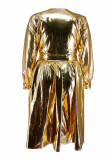 Gold Casual Solid Bandage Patchwork V Neck A Line Plus Size Dresses