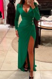 Green Casual Solid Patchwork Slit V Neck Long Dress Dresses