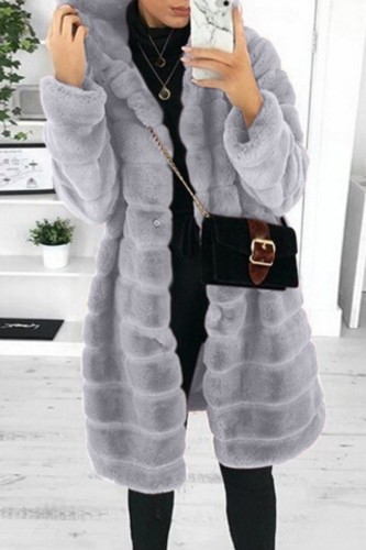 Vêtement d'extérieur à col à capuche et cardigan uni décontracté gris clair