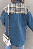 Sky Blue Casual Plaid Print Colorblock Patchwork Turndown Collar Long Sleeve Regular Denim Jacket