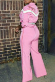 Roze lichtprint gestreepte jumpsuits met lange mouwen en V-hals (geen riem)