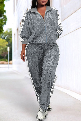 Silver White Casual Sequins Patchwork Zipper Plus Size Two Pieces