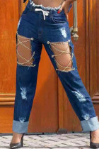 Jeans in denim regolari a vita media con bottoni tasca patchwork scavati con fasciatura casual casual blu scuro