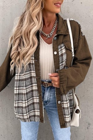 Brown Casual Plaid Print Colorblock Patchwork Turndown Collar Long Sleeve Regular Denim Jacket