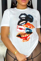 Weiße Sexy Street Lips bedruckte Patchwork-T-Shirts mit O-Ausschnitt