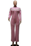 Pink Light Print Striped Long Sleeve V Neck Jumpsuits(No Belt)