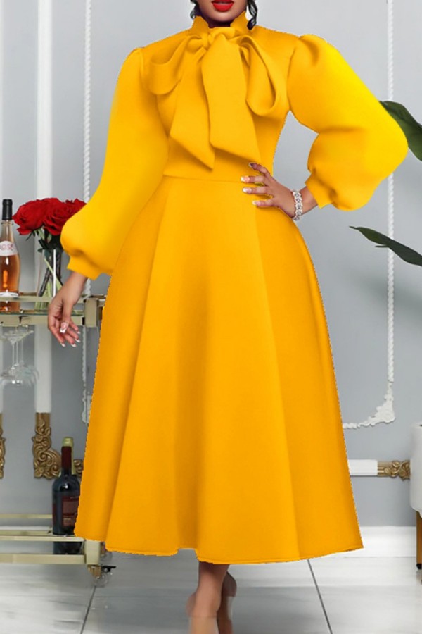 Желтые повседневные однотонные лоскутные платья с воротником до половины и длинными рукавами